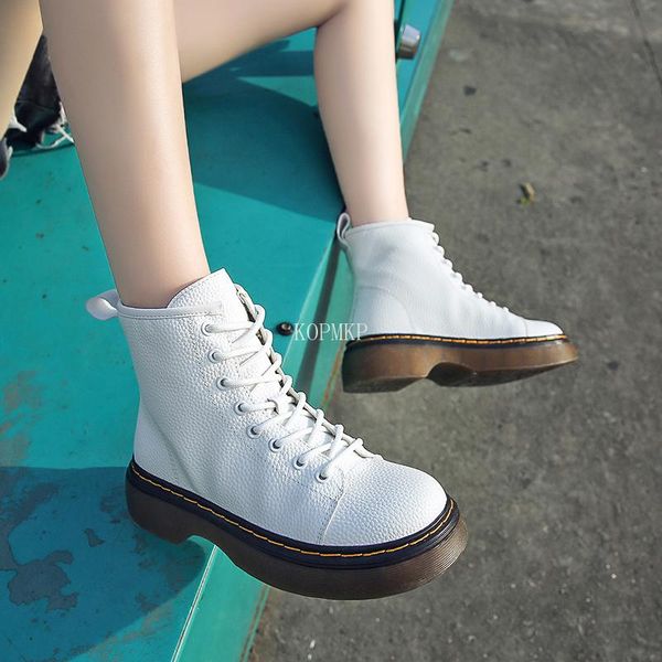 

boots white 2021 women ankle platform round toe heel lace up fashion shoes for woman botas mujer kopmkp plus size 35-40, Black