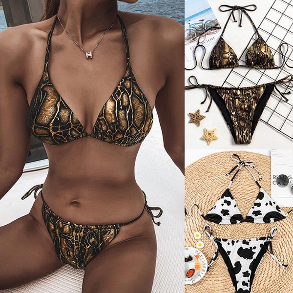

leopard lace up three-point bikini swimsuit backless halter swimwear seperate bikini set swimsuit, White;black