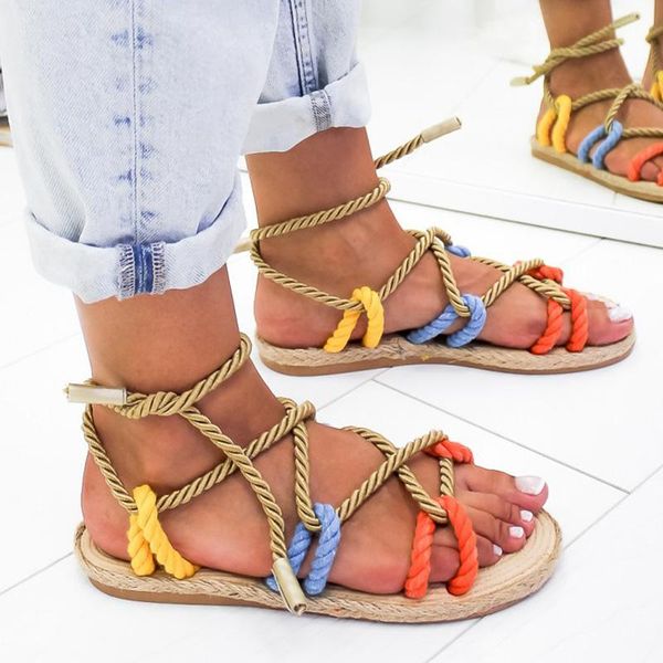 

2021 fashion summer women sandals shoes woman flat sandals rope lace up gladiator non-slip beach chaussures femme, Black