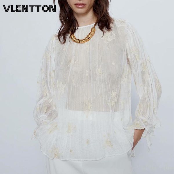 

women's blouses & shirts 2021 spring summer white thin chiffon print embroidery women o-neck long sleeve loose and blusa camisas