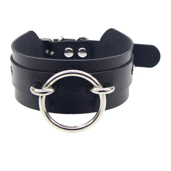 

chokers yijia wholesale black goth choker necklace with hoop pendant adjustable soft pu leather fetish jewelry drop, Golden;silver