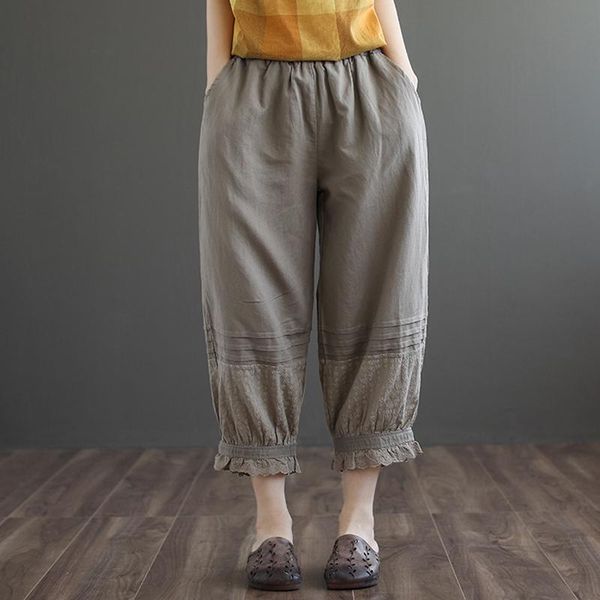 

women's pants & capris women summer lace bottoms linen fabric loose straight casual female solid khaki b01221302, Black;white