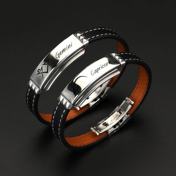 

charm bracelets 12 constellation bracelet stainless steel car line leather clasp men and women couple, Golden;silver