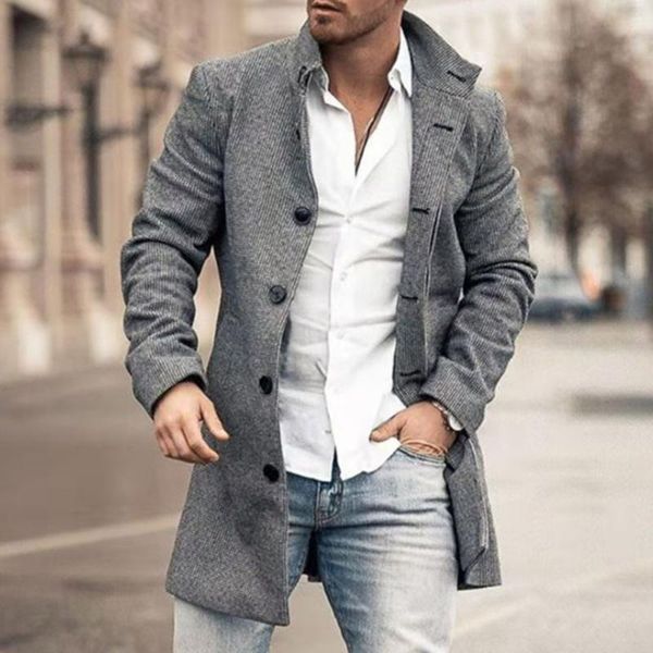 

men's wool & blends long jackets autumn sleeve button fashion lapel retro men clothing 2021 casual winter outerwear, Black