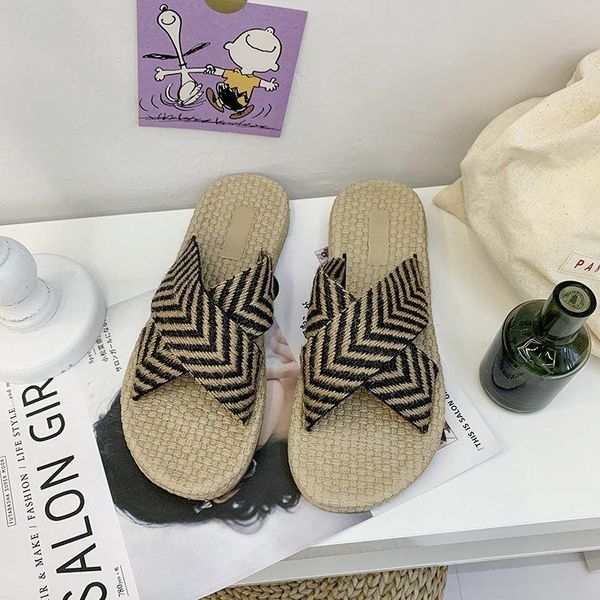 

2021 summer women slippers straw braided slides casual shoes female beach sandals women flats modern slippers, Black