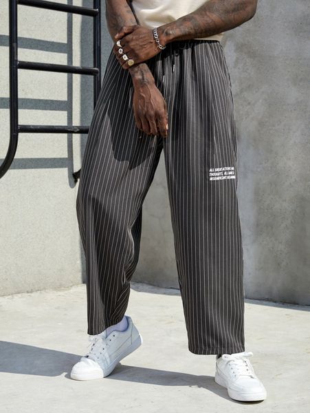 

men vertical striped slogan graphic drawstring waist pants 39ew#, Black