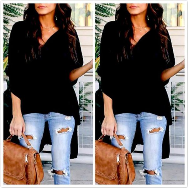 

women chiffon shirts horn sleeve long after the pendulum solid color tee shirt long sleeve t-shirts casual v neck plus size, White