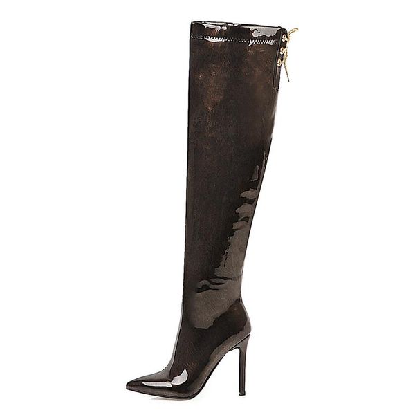 

boots 2021 winter pointed toe side zipper fashion stilettos heels over the knee high patent leather women shoes size 48, Black