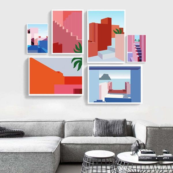 

postmodern mural literature and art decor canvas painting colorful geometry building wall pictures room still life ladder poster