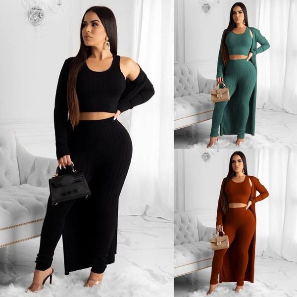 

two piece dress fashion womens solid knitting vest and trousers casual sport three-piece suit high street crop tight pencil pants match, White