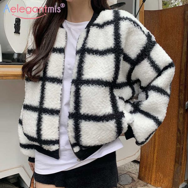 

aelegantmis faux lamb fur coats women thicken warm loose plaid teddy jacket casual oversized outerwear korean zipper streetwear 210607, Black