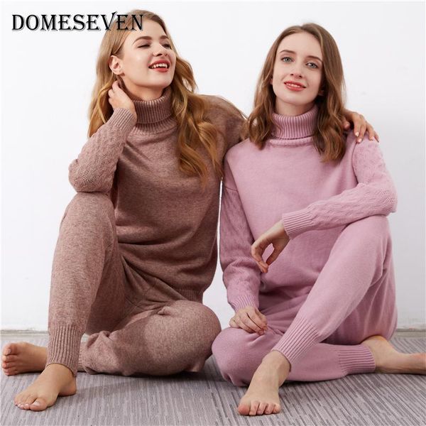 

2021 autumn winter women sets 2 pieces turtleneck sweater pullovers + full-length pants sets ladies warm tracksuit casual suits, White