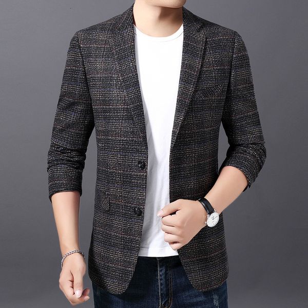 

2021 autumn korean plaid casual men's slim suit coat, Black