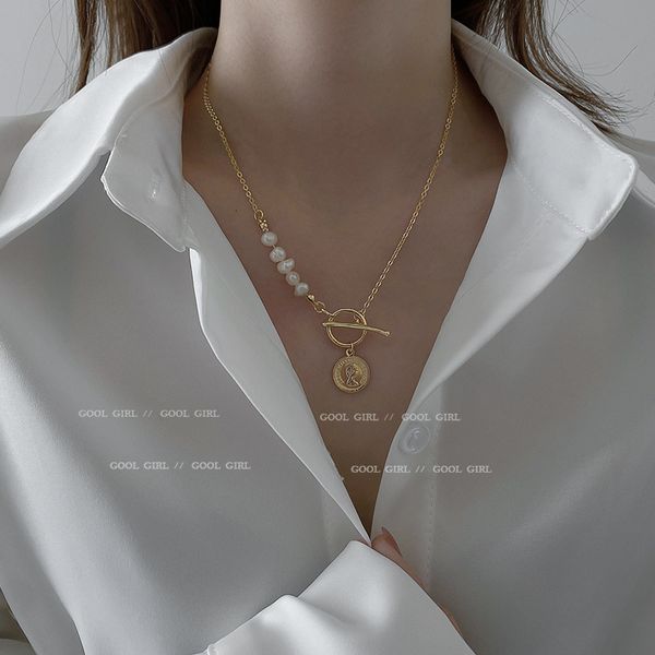 

amulet pendants south korea fashion simple neckchain fresh water pearl portrait t-shaped button decoration necklace net red temperament desi, Golden;silver