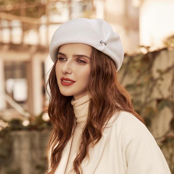 

berets 2021 soft wool beret autumn winter french elegant solid color australian pure cap female british retro painter hat for women, Blue;gray