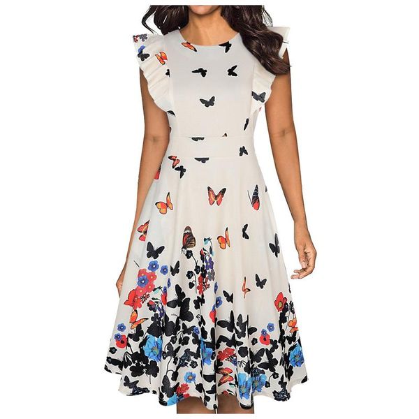 

casual dresses vintage dress women 2021 elegant ruffles sleeveless boho print midi evening party summer robe femme, Black;gray