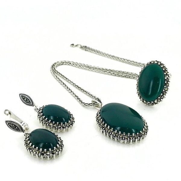 

earrings & necklace custom production big green agate marcasite silver set suit