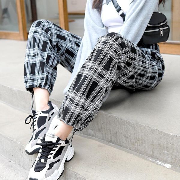 

women's pants & capris women spring and autumn high waist versatile loose straight wide leg casual drawstring plaid trousers, Black;white