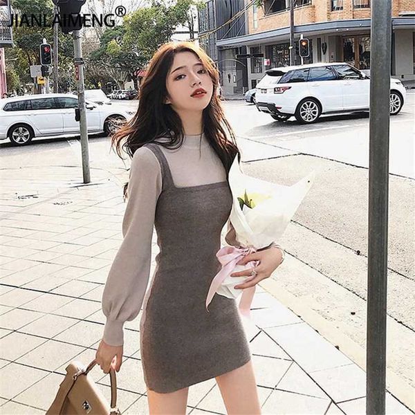 

women warm sweater dress autumn winter elastic stretch long sleeve elegant a-line knitting female slim knit es 211220, Black;gray