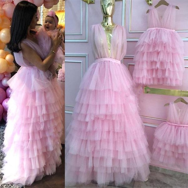 

girl's dresses pink mother daughter matching birthday gowns party tiered puffy girl tulle infant children pageant christmas wear, Red;yellow