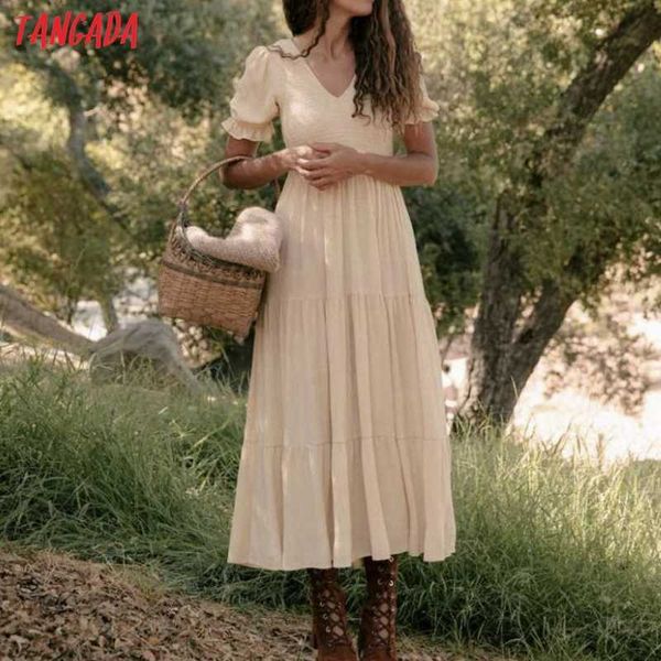 

tangada fashion women beige pleated midi dress short sleeve v neck casual ladies midi dress 8m28 210609, Black;gray