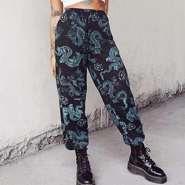 

women's pants & capris 2021 women dragon print high waist casual loose long trousers drawstring wide leg streetwear for sports, Black;white