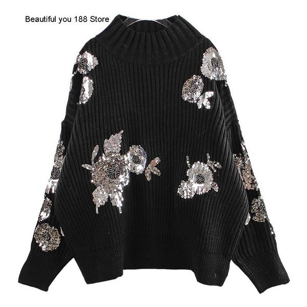 

women's sweaters fall style fashion heavy industry versatile bead flower pattern loose knit sweater women, White;black