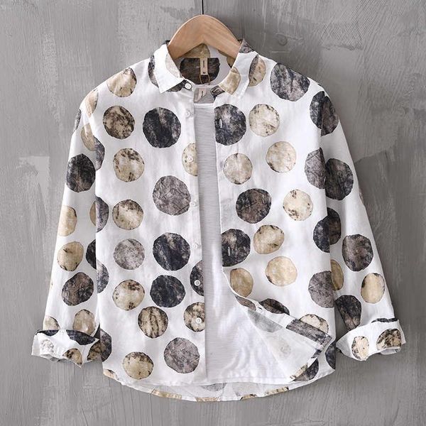 

men's casual shirts 2021 fashion polka dot shirt long sleeve cotton linen print men 70% 30% stylish male whit blue, White;black
