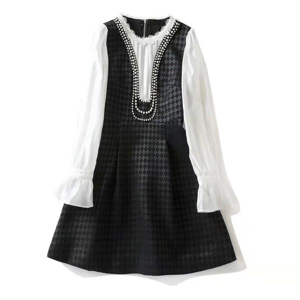 

european and american women's clothing winter 2022 new horn long sleeve pin bead round collar fashionable patchwork plaid dress, Black;gray