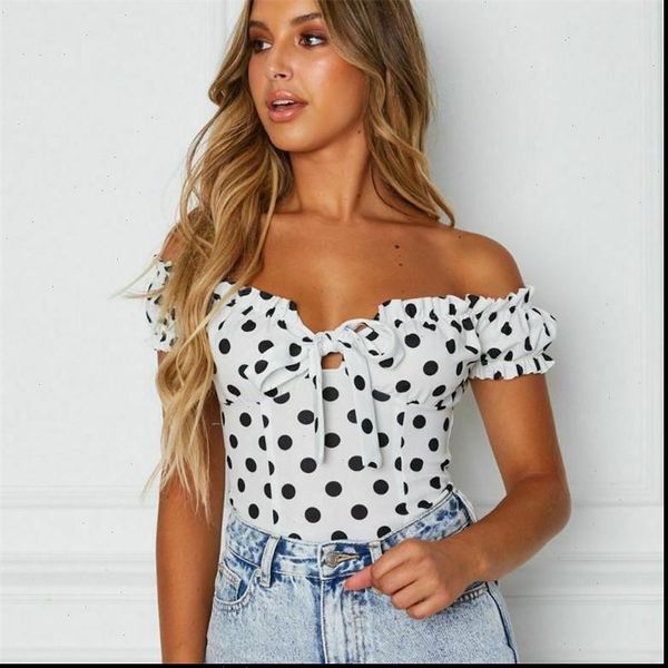 

new women polka dot summer blouse ladies fashion off shoulder short sleeve bandage boho club crop blusas plus size, White