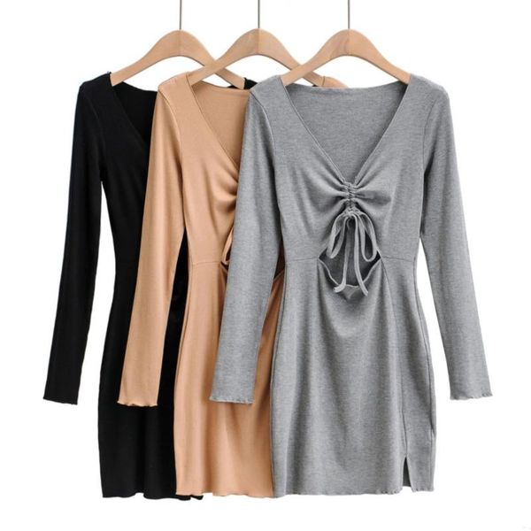 

casual dresses spring and autumn tight long sleeve high waist dress female slim wrap hip short skirt hollow lace up one-step wn*, Black;gray