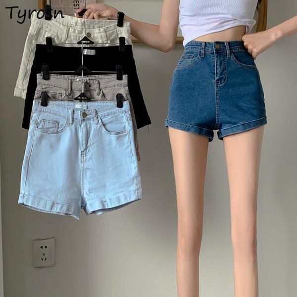 

women's shorts women denim skinny simple solid sheath all-match ulzzang female high waist sweet jeans retro roll-up hem casual daily, White;black