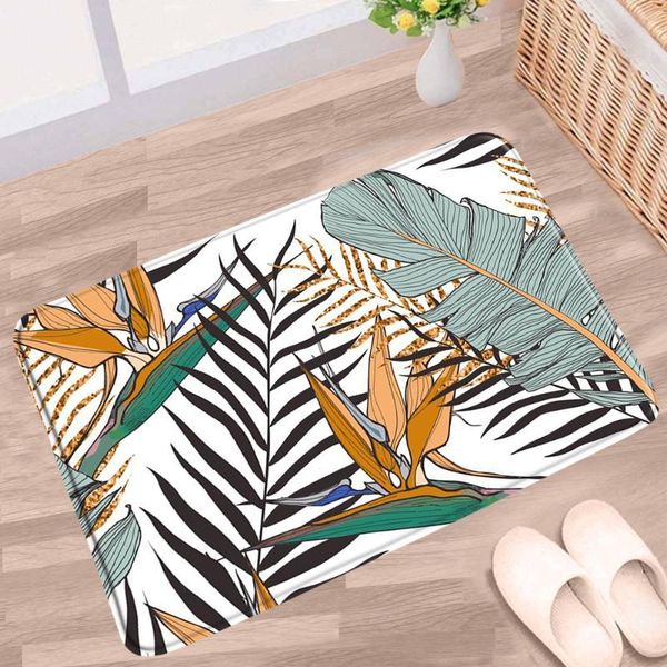 

bath mats hand-painted leaves bathroom mat green plants flower palm leaf monstera non-slip rugs flannel decor kitchen doorway carpets