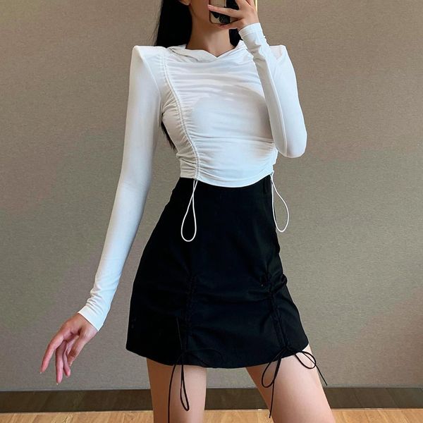 

hooded for women long sleeve white casual drawstring ruched side cropped 2021 hoodies cotton autumn hooded