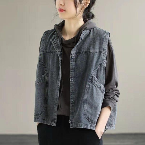 

women's vests women denim jacket sleeveless jean vest autumn and spring wide-waisted coat loose stlye outwear, Black;white