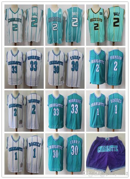 

mens charlotte hornets 33 alonzo mourning 2 larry johnson 1 bogues 30 dell curry 2 lamelo ball basketball shorts jerseys blue, Black;red