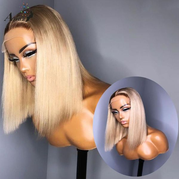 

lace wigs ombre 613 blonde color straight bob blunt cut hd transparent part human hair remy preplucked wig for women 150 density, Black;brown