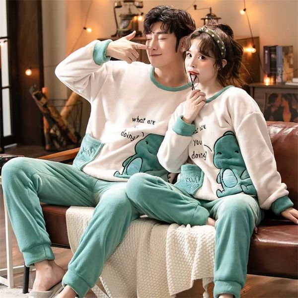 

autumn winter pajama sets pyjamas women cartoon cute home wear men pijama clothes flannel sleepwear dinosaur couple sleepwear 211111, Black;red