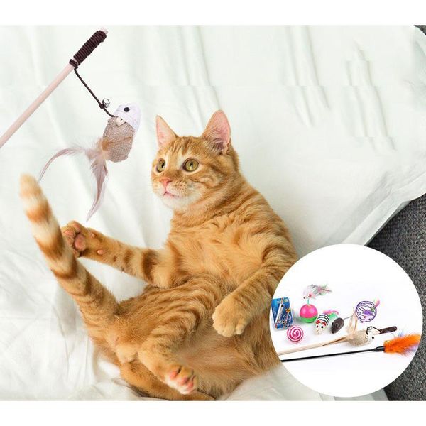 

cat toys 1pcs interactive toy feather wand with small bell mouse cage plastic artificial colorful teaser pet