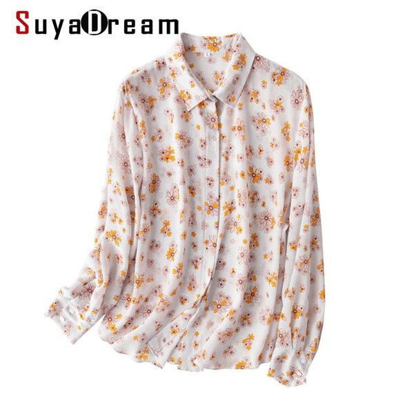 

women's blouses & shirts suyadream women silk blouse 100%real floral printed long sleeved turn down collar 2021 summer shirt, White