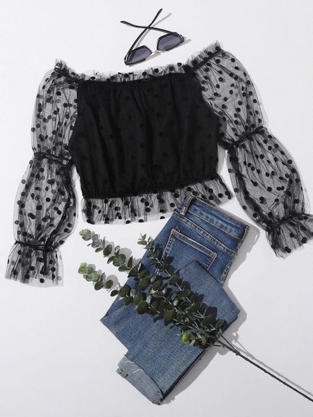 

dobby mesh crop off shoulder f4vp#, White