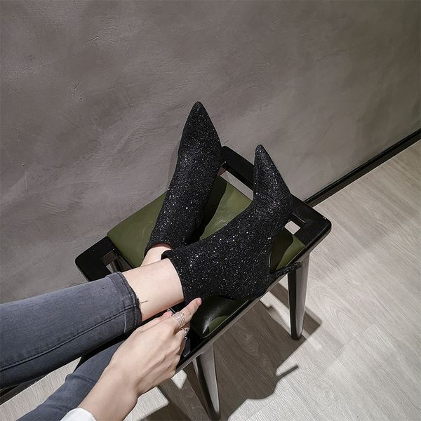 

high elastic black pointed short women's 2021 sequin thin heel socks boots