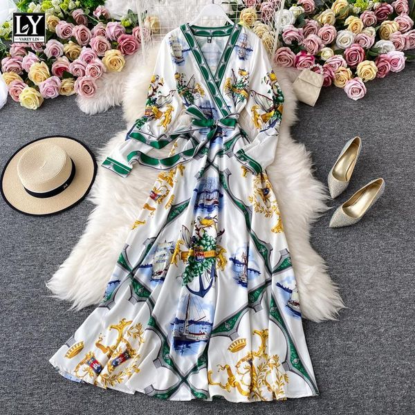 

ly varey lin 2021 new autumn women elegant print dresses long sleeve sashes tie up fitted waist v neck a line ladies dresses, Black;gray