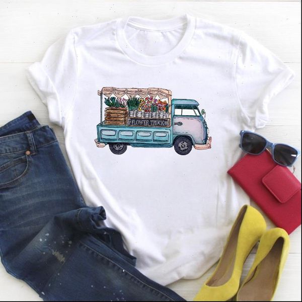 

women flower floral truck vintage print short sleeve ladies summer t tee female shirt clothes womens graphic t shirt, White