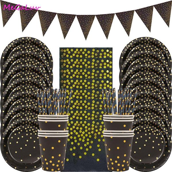 Einweggeschirr Bronzing Black Dots Geschirrset Banner Tischdecke Pappbecher Teller Geburtstag Hochzeit Party Dekoration