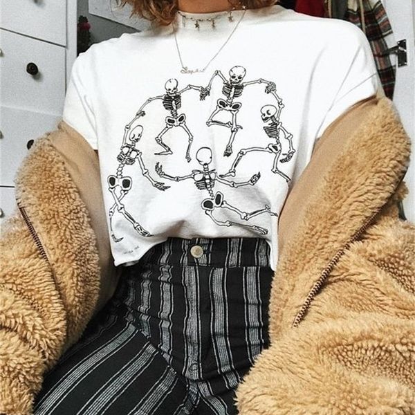 

kuakuayu hjn women skeleton dance t-shirt tumblr grunge aesthetic white tee hipster art hoe shirt 210315
