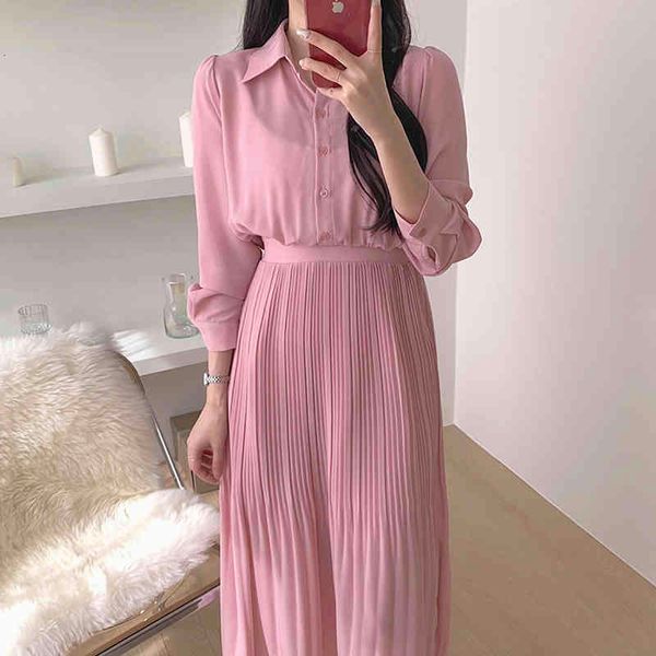 

casual dresses korean summer temperament, soft lapel single-breasted thin high-waist pleated dress 2k5d, Black;gray