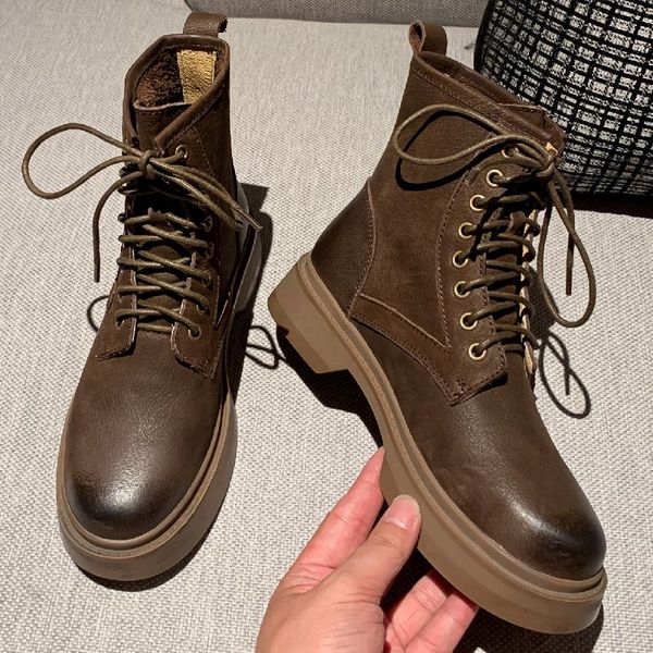 

boots women's genuine leather lace-up autumn thick sole punk ankle cross strap motorcycle short bootis winter warm shoes, Black