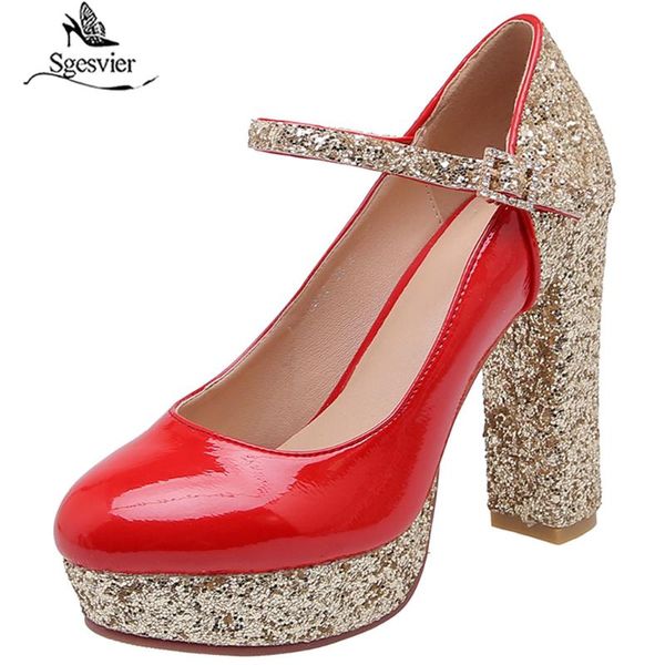 

dress shoes sgesvier autumn 2021 fashion glitter bling gold silver platform mary jane party wedding bride womens heels pumps big size, Black