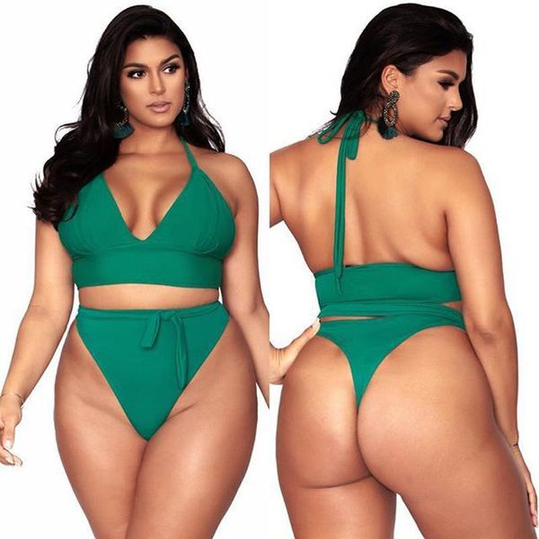 

one-piece suits solid color bikini female plus size high waist bandage swimsuit swimming beach suit s-xl